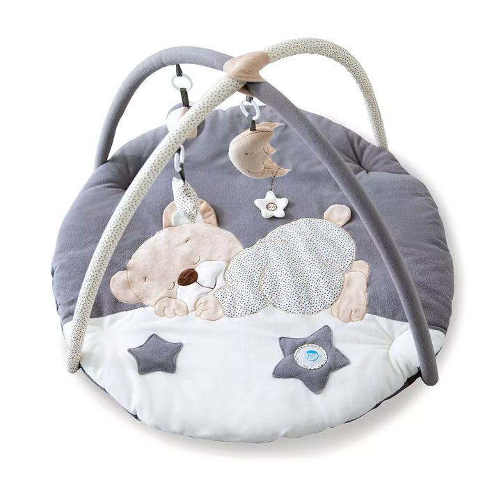 Baby gym designed for sensory stimulation with a variety of textures and sounds.