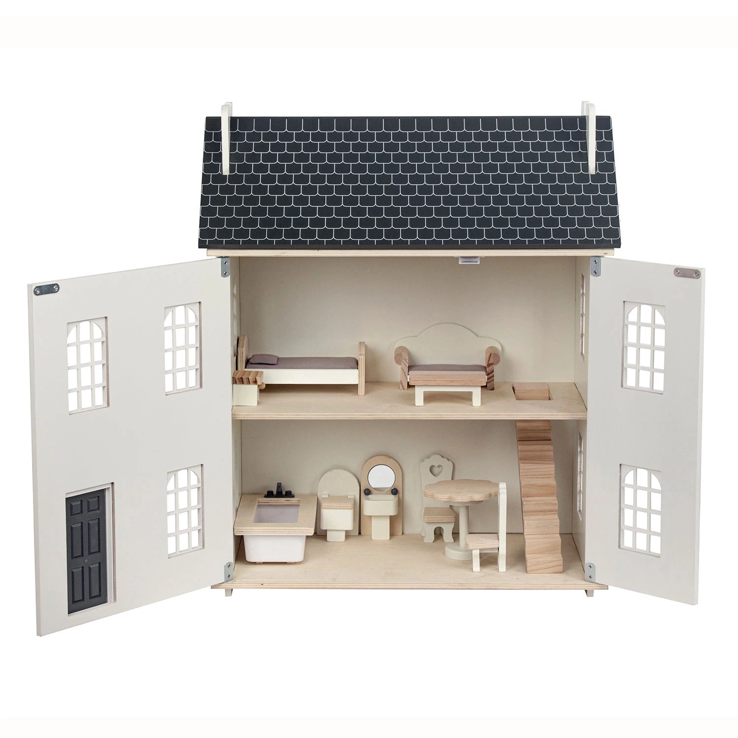 Hooga Playroom Wooden Dolls House with 11 Furniture Set