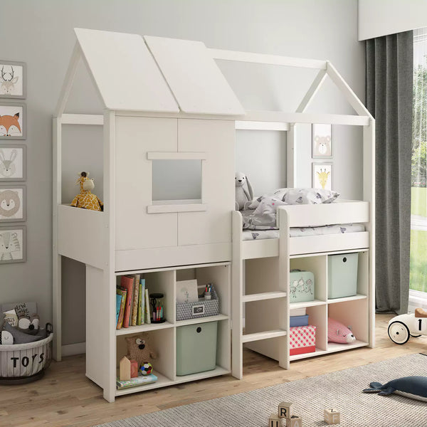 Ordi 7 Mid Sleeper Bed with a house design, pull-out desk, and free-standing cube storage.
