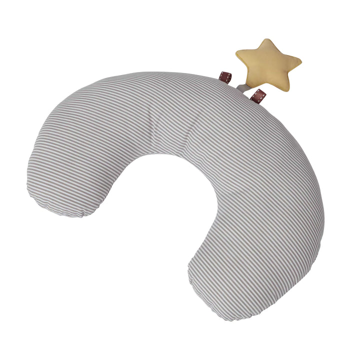 Striped tummy time pillow with star and moon toys.