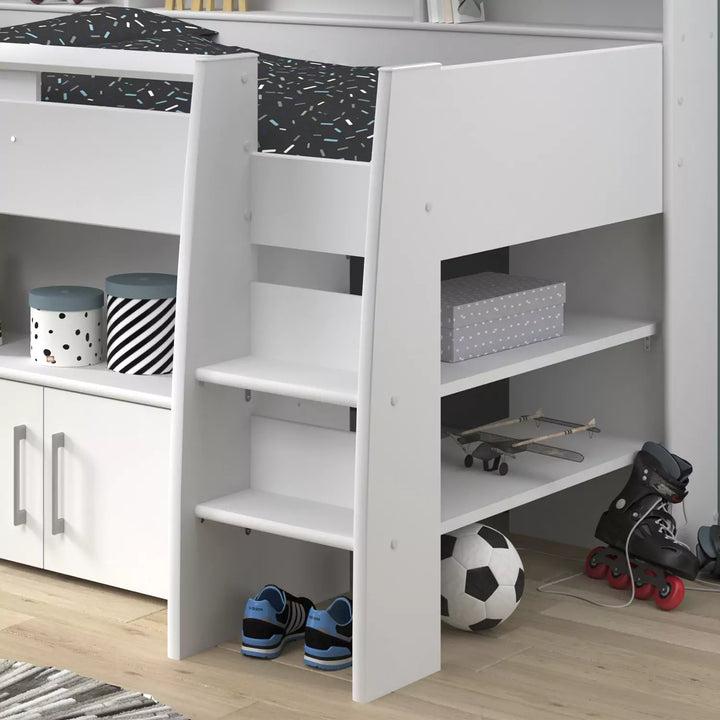 This mid-sleeper has an integrated desk, shelving, and cupboard for optimal organisation and convenience.