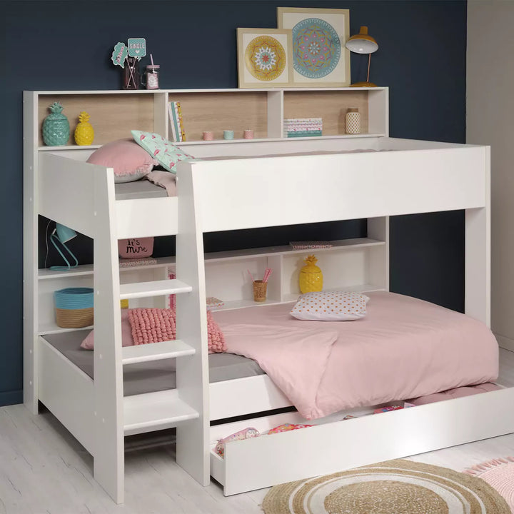 Two standard European single beds with built-in storage, this bunk bed is perfect for sleepovers