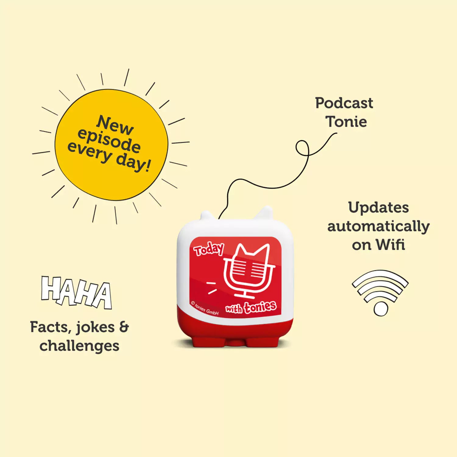 10-minute podcast-style show with challenges, jokes, facts & more