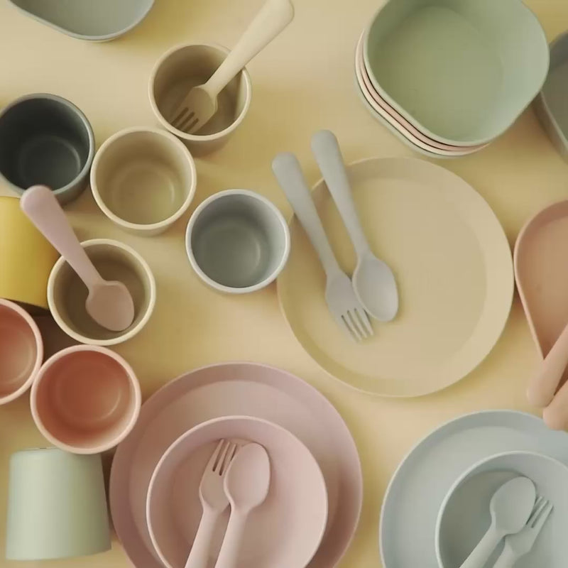 Video of Mushie dinnerware bowls, plates, fork and spoon etc.