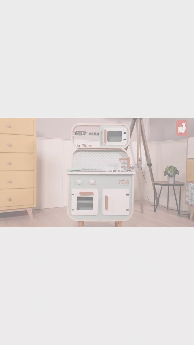 Video of multi-functional Janod wooden play kitchen and laundry combo in green/white finish