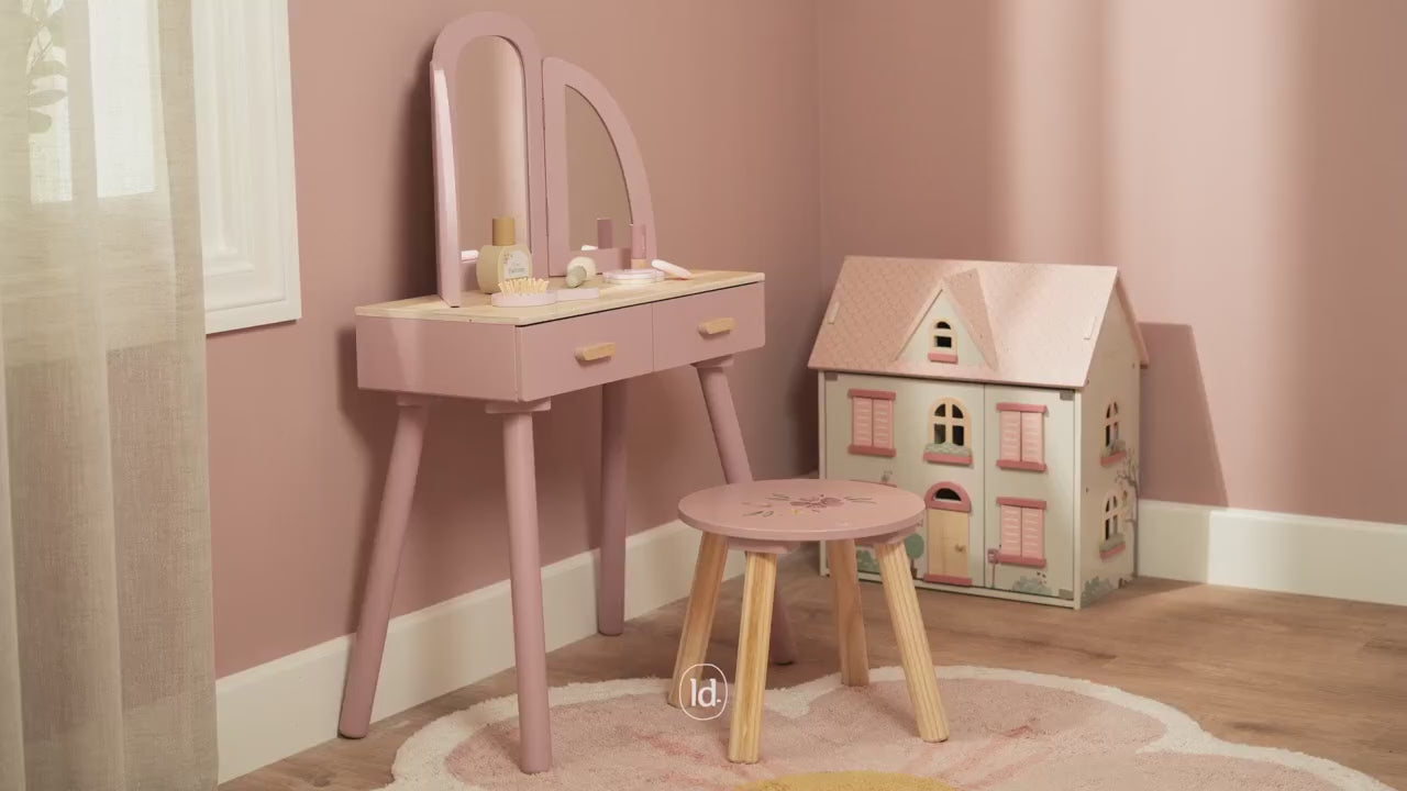 Load video: Little Dutch Wooden Dressing Table - Pink with 6 Accessories