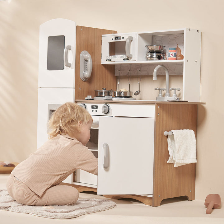 Video Modern White Toy Wooden Kitchen with Multi-Features