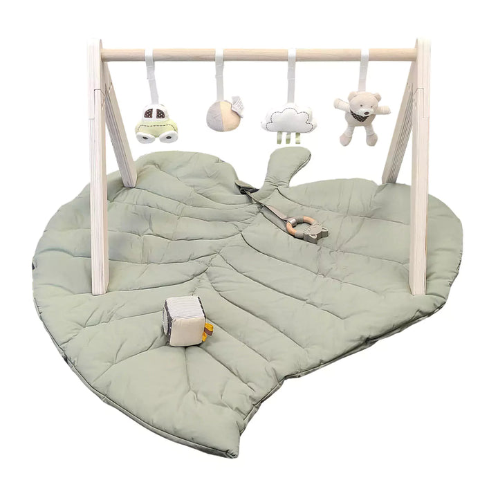 Wooden Play Gym with hanging toys, leaf-shaped playmat, and baby teether.