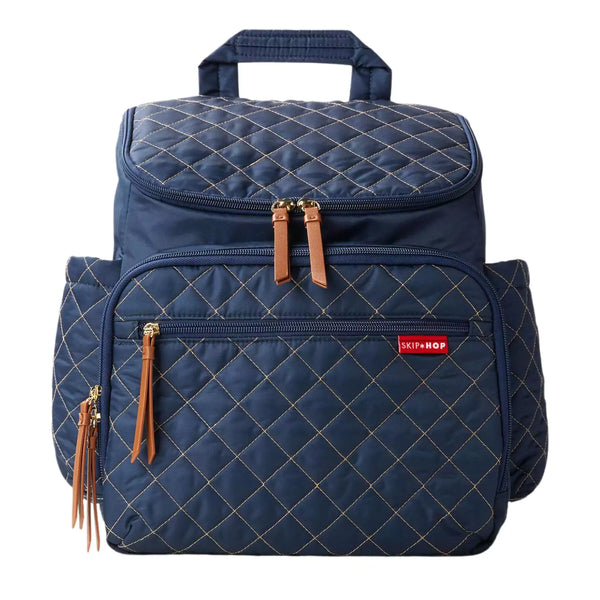 Front view of the stylish Skip Hop Forma Pack & Go Diaper Backpack in Navy