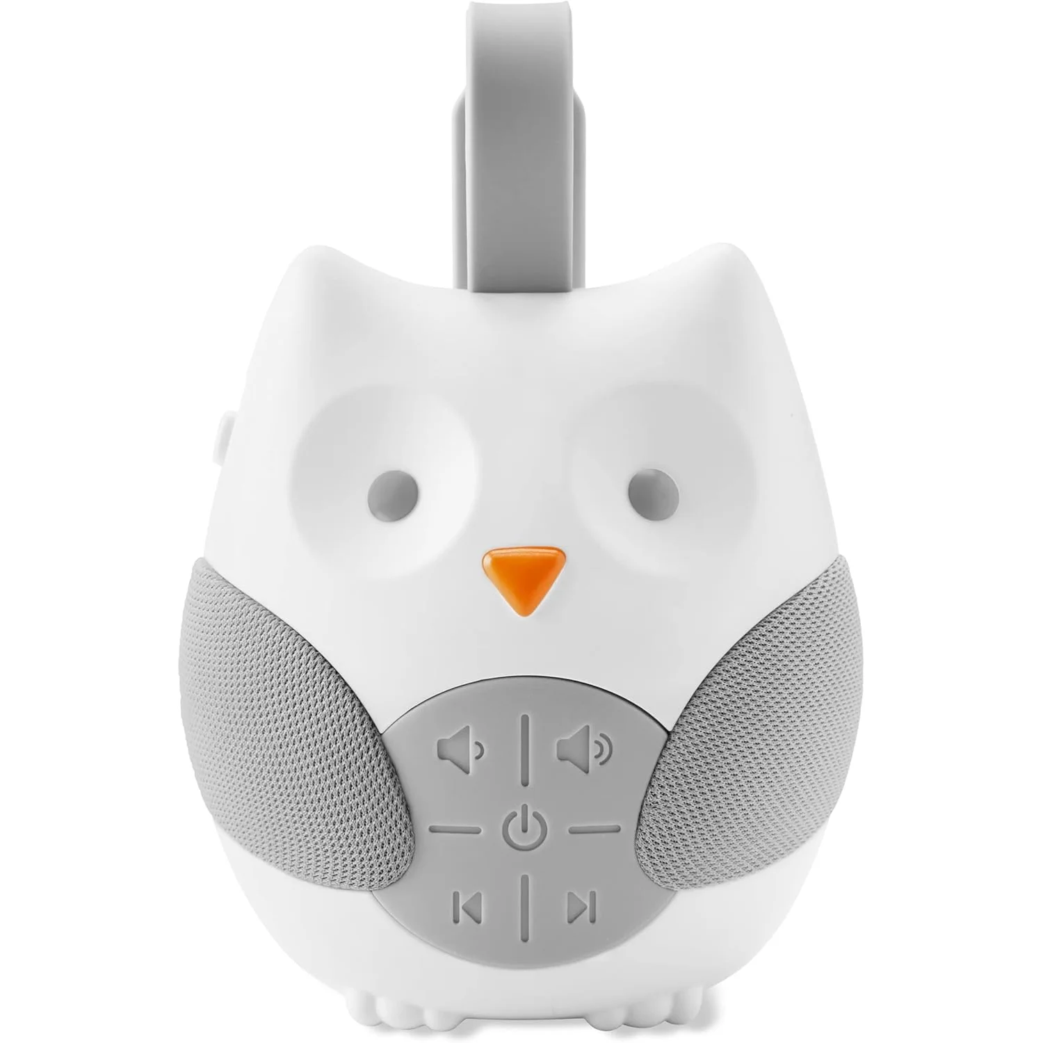 White owl-shaped speaker with gray accents on a white background