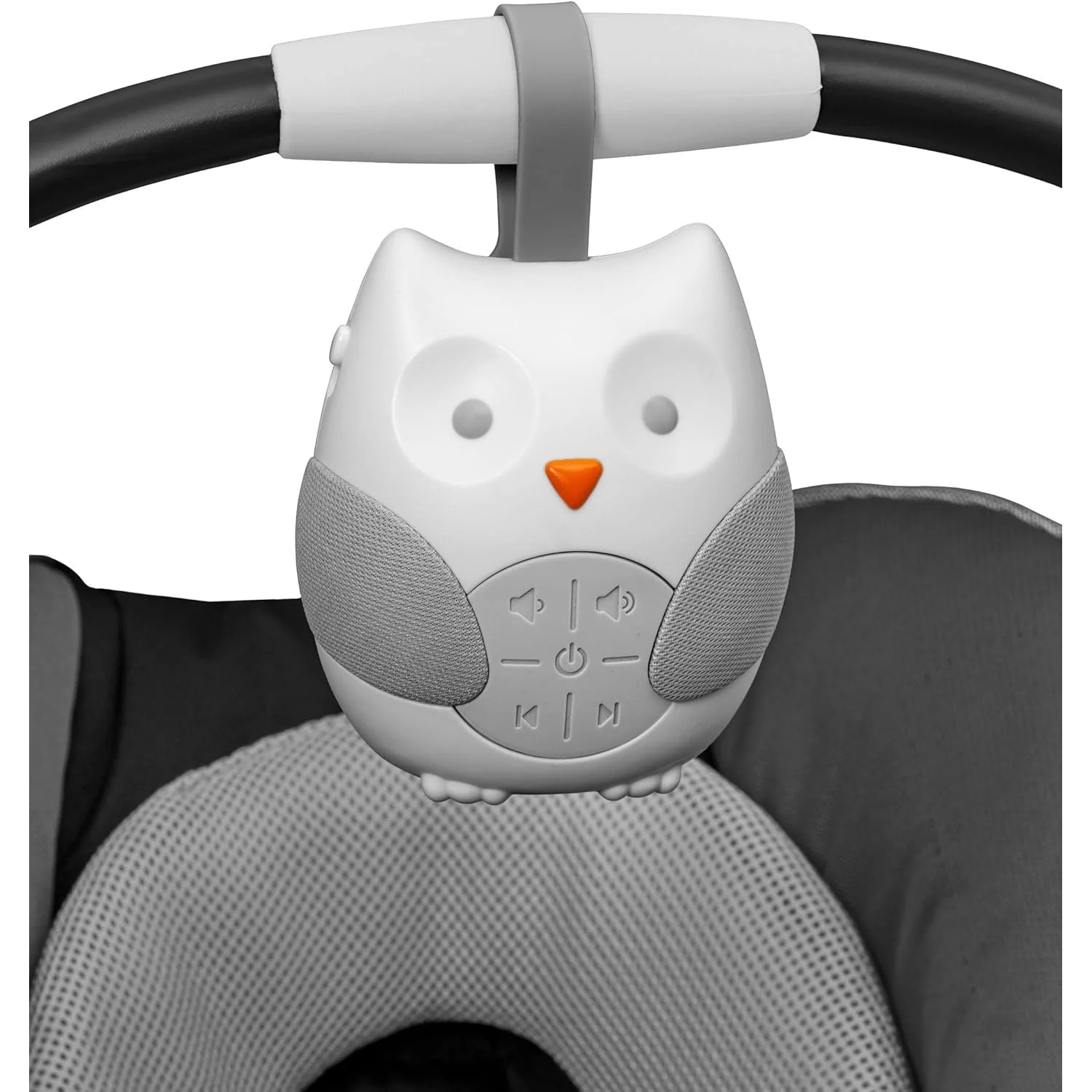 Gray owl-shaped device attached to a car seat handle