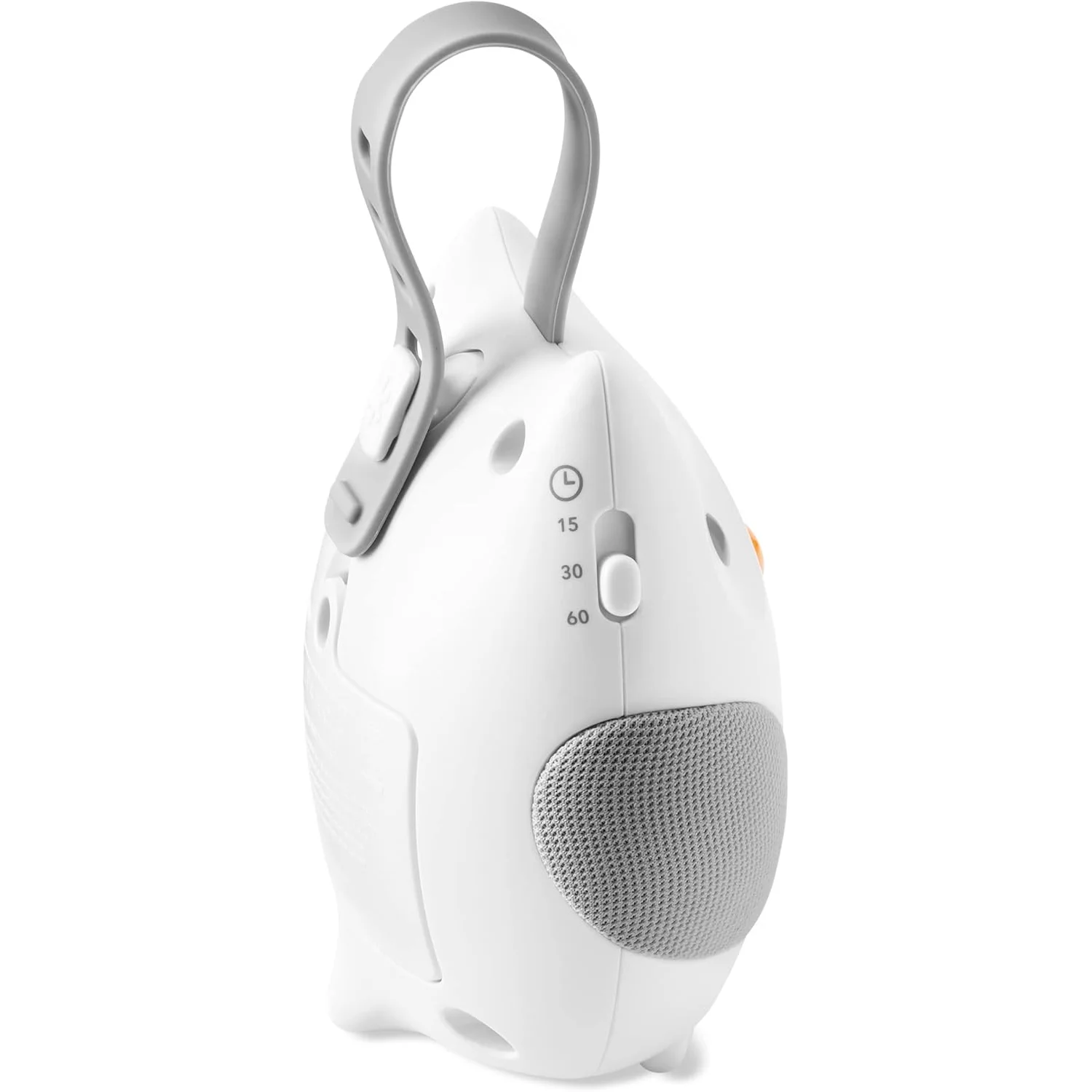 White portable speaker with a strap on a white background