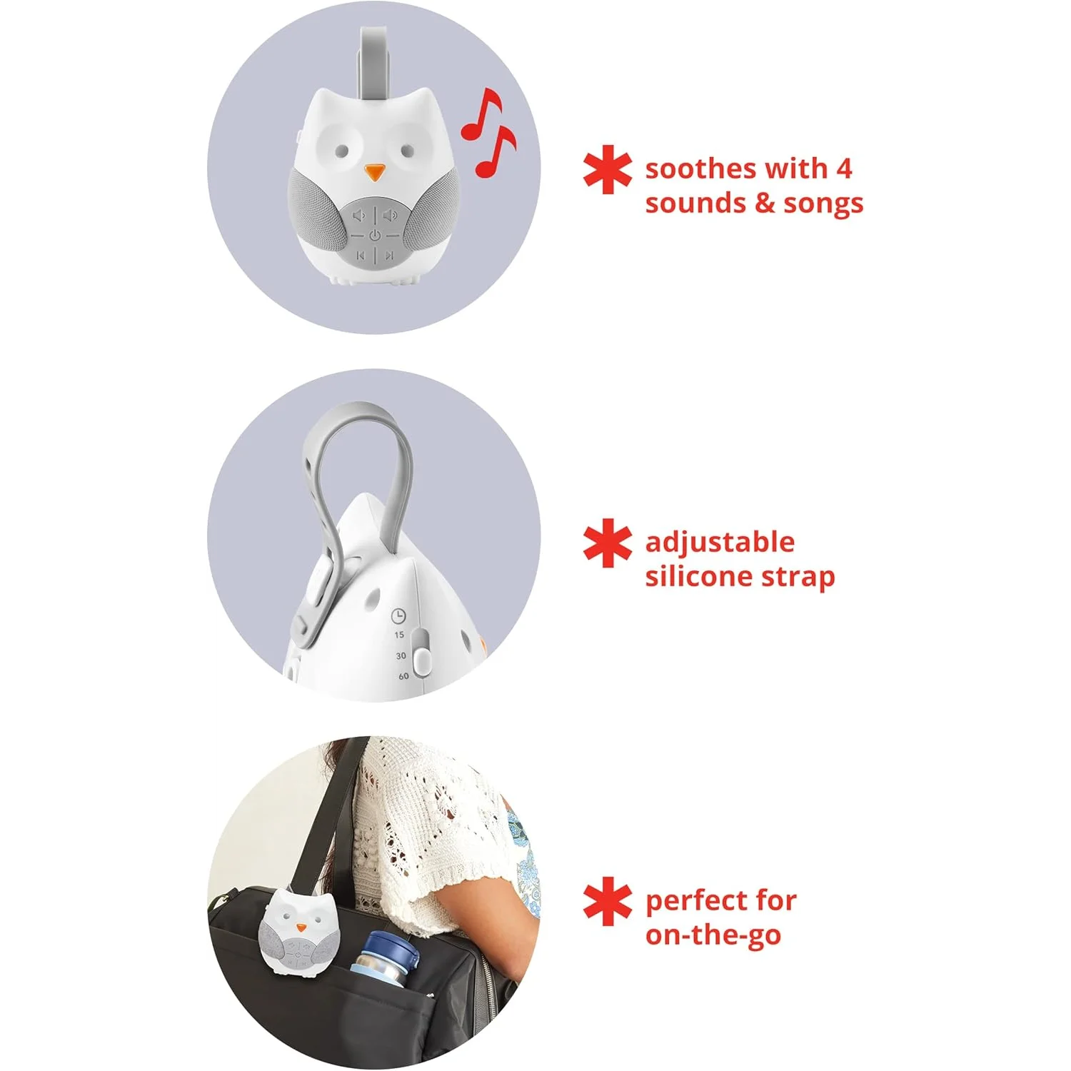 Baby comfort device with adjustable strap, shown in use, and features highlighted.