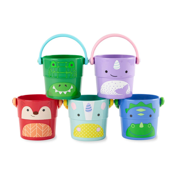 Front view of Skip Hop Zoo Baby Bath Toy Stack & Pour Buckets