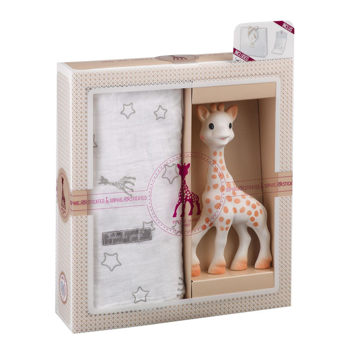 The Sophie la girafe® Sophiesticated Swaddle Set in its gift packaging