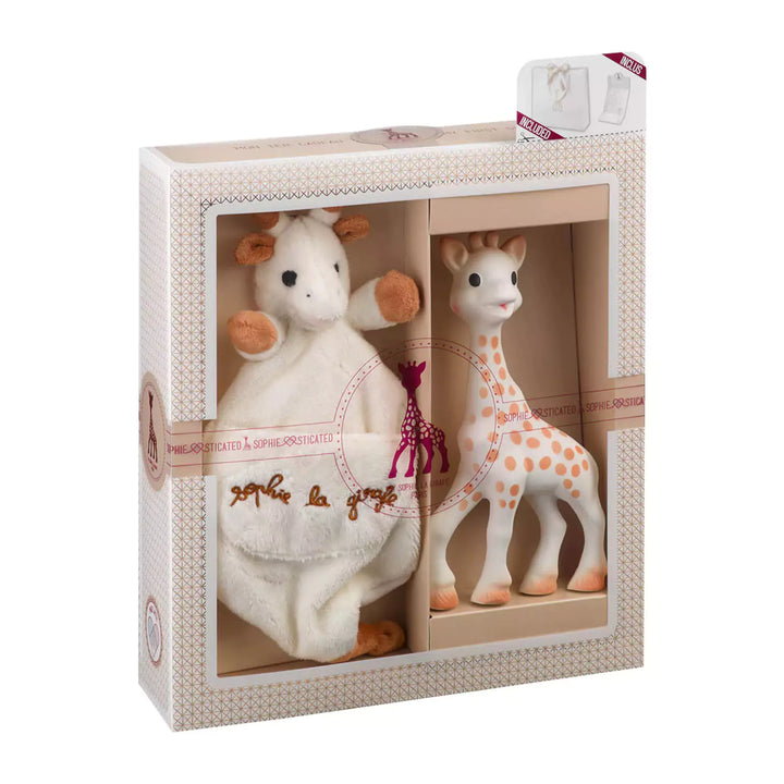 Gift set with Sophie la Giraffe teething toy made from natural rubber and soft comforter with soother holder, packaged in a premium box.