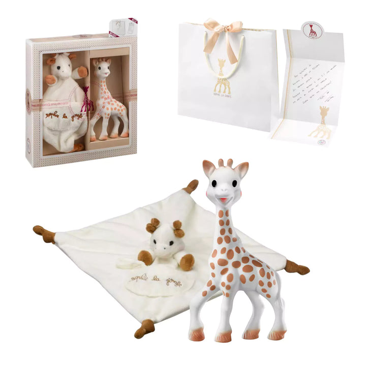 Natural rubber Sophie la Giraffe with comforting baby blanket and soother holder.