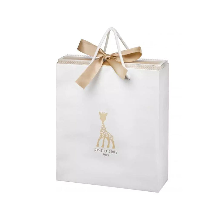 White gift bag with the logo of Sophie la Girafe, a popular French baby brand known for its giraffe-shaped teething toy