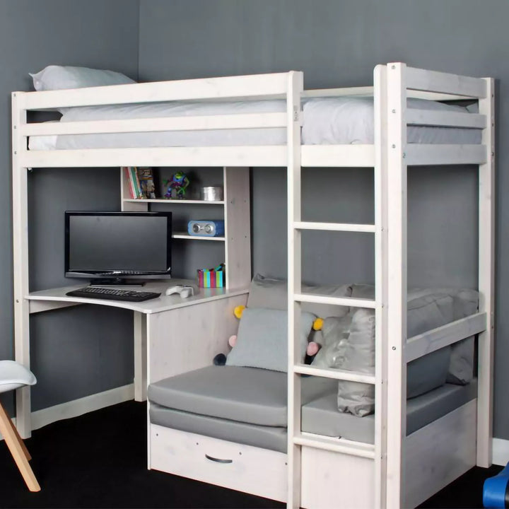 Versatile High Sleeper with Desk, Shelves, and Storage Box