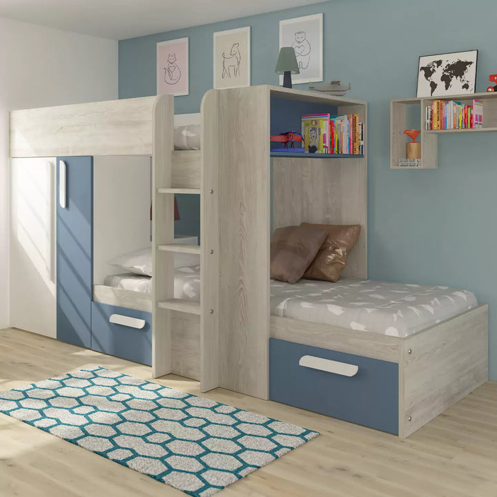 A blue bunk bed that can be configured with the lower bed on either the left or right side.