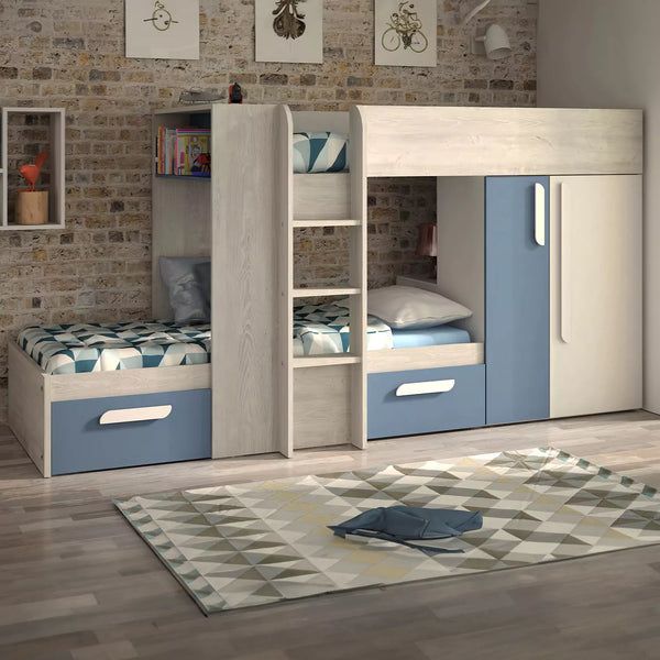 A stylish blue bunk bed with a built-in wardrobe, drawers, and shelving, perfect for a child's bedroom