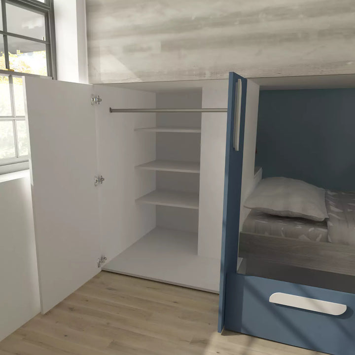 A spacious and stylish blue bunk bed in a brightly lit child's bedroom.