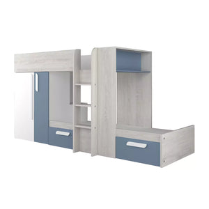  A child safely climbing the ladder to the top bunk of a blue bunk bed.
