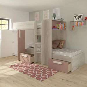  A cosy pink bunk bed with storage drawers.