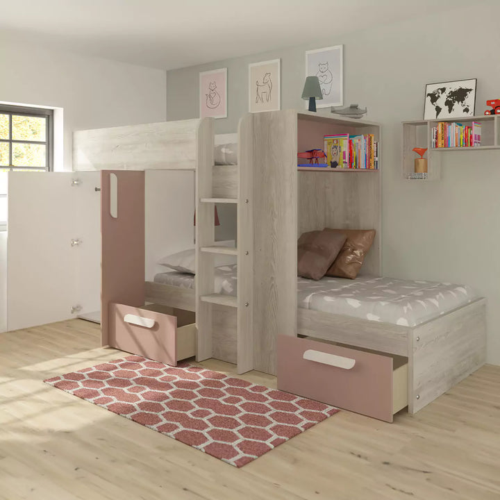  A cozy pink bunk bed with a child sleeping peacefully in the top bunk.