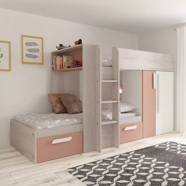 Two spacious drawers built into the bottom bunk of a stylish pink bunk bed.