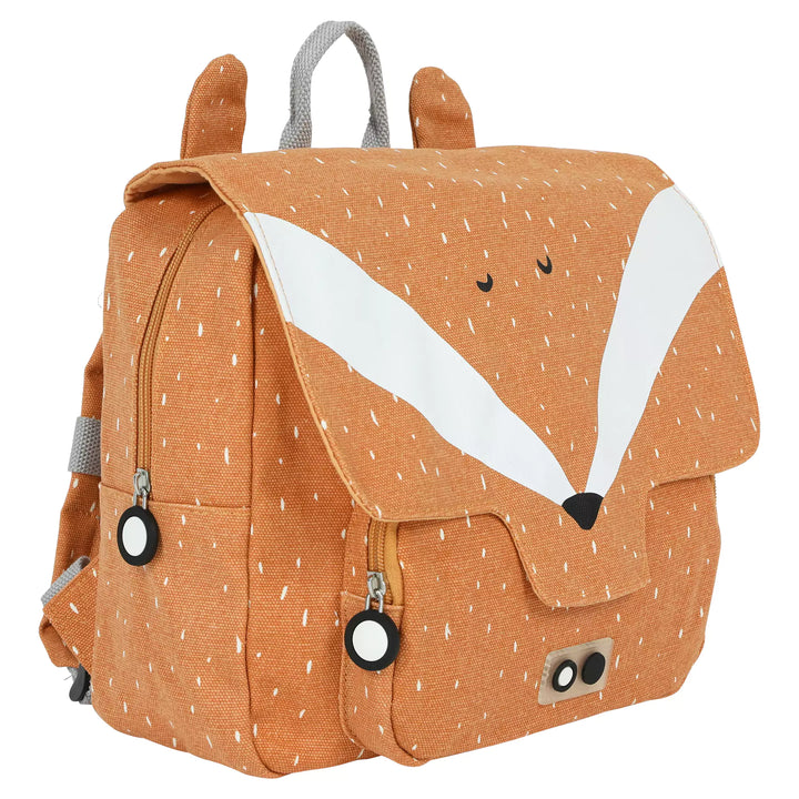Mr. Fox animal satchel backpack with adjustable straps and top handle, displayed on a table.
