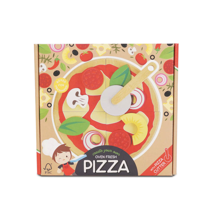 Wooden Pizza Toy With Toppings & Cutter Packaging 