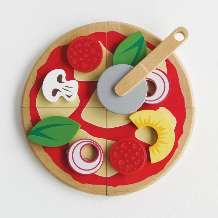 Wooden Pizza Toy With Toppings & Cutter Imaginative Play