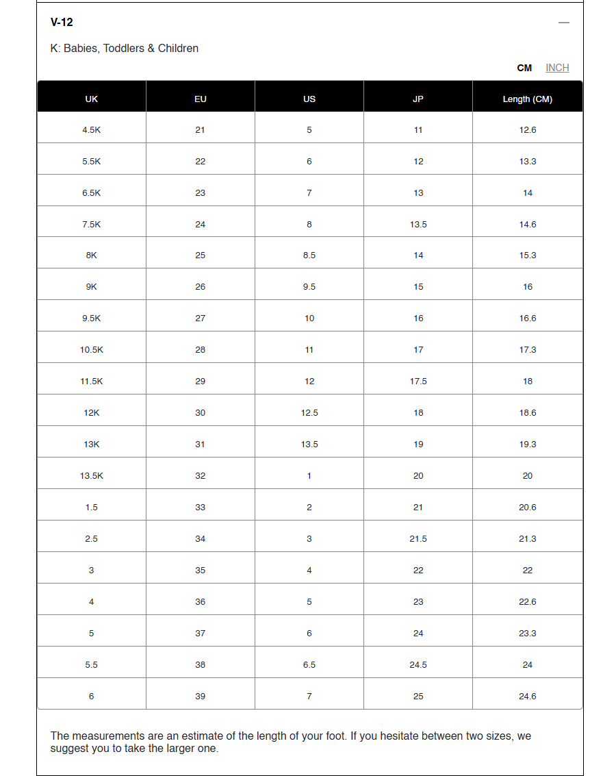 Measurement chart for veja v12 toddlers, and children in UK, EU, US, JP, and CM/INCH formats.
