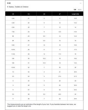Measurement chart for veja v12 toddlers, and children in UK, EU, US, JP, and CM/INCH formats.