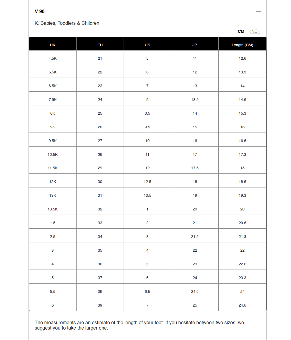 Measurement chart veja v-90 for babies, toddlers, and children with size, EU, US, JP, and length measurements.