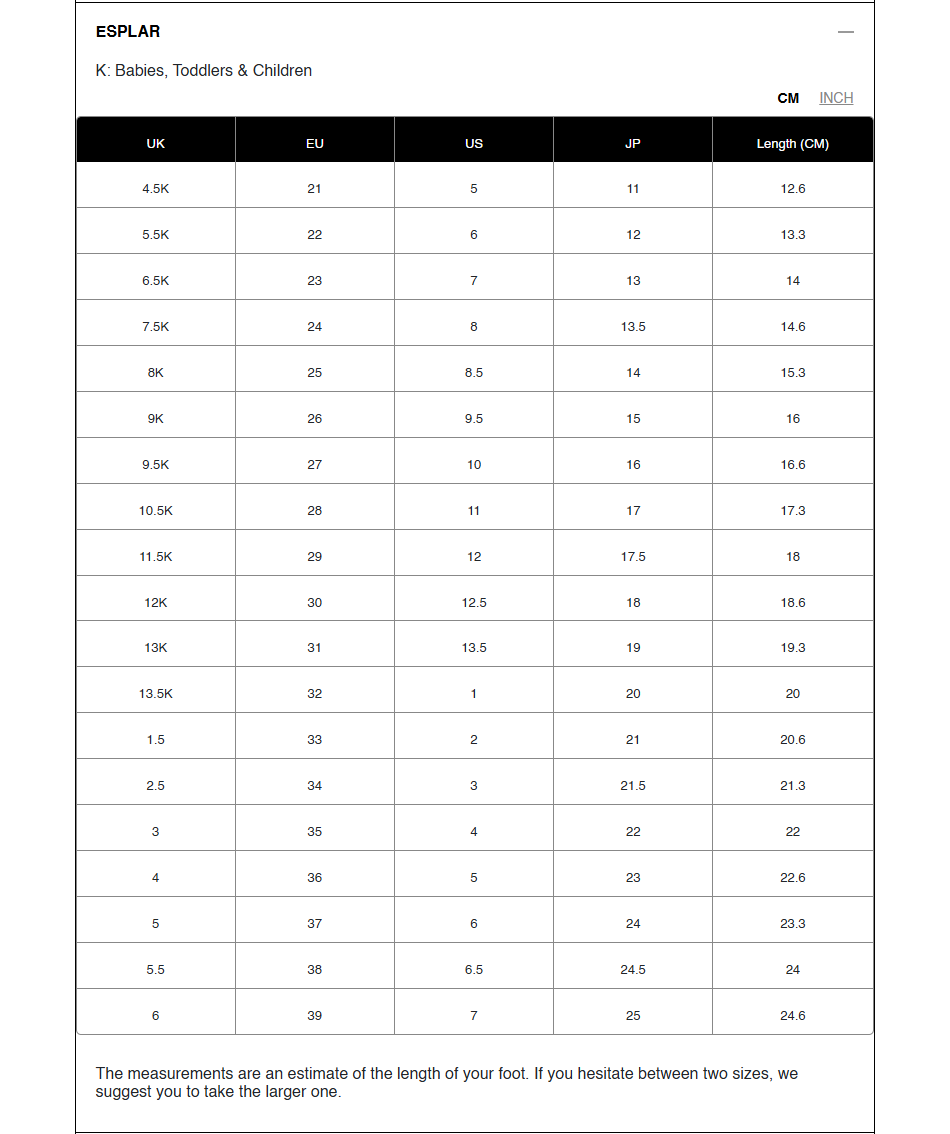 Measurement chart for children's veja esplar shoes with size conversions.