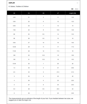 Measurement chart for children's veja esplar shoes with size conversions.