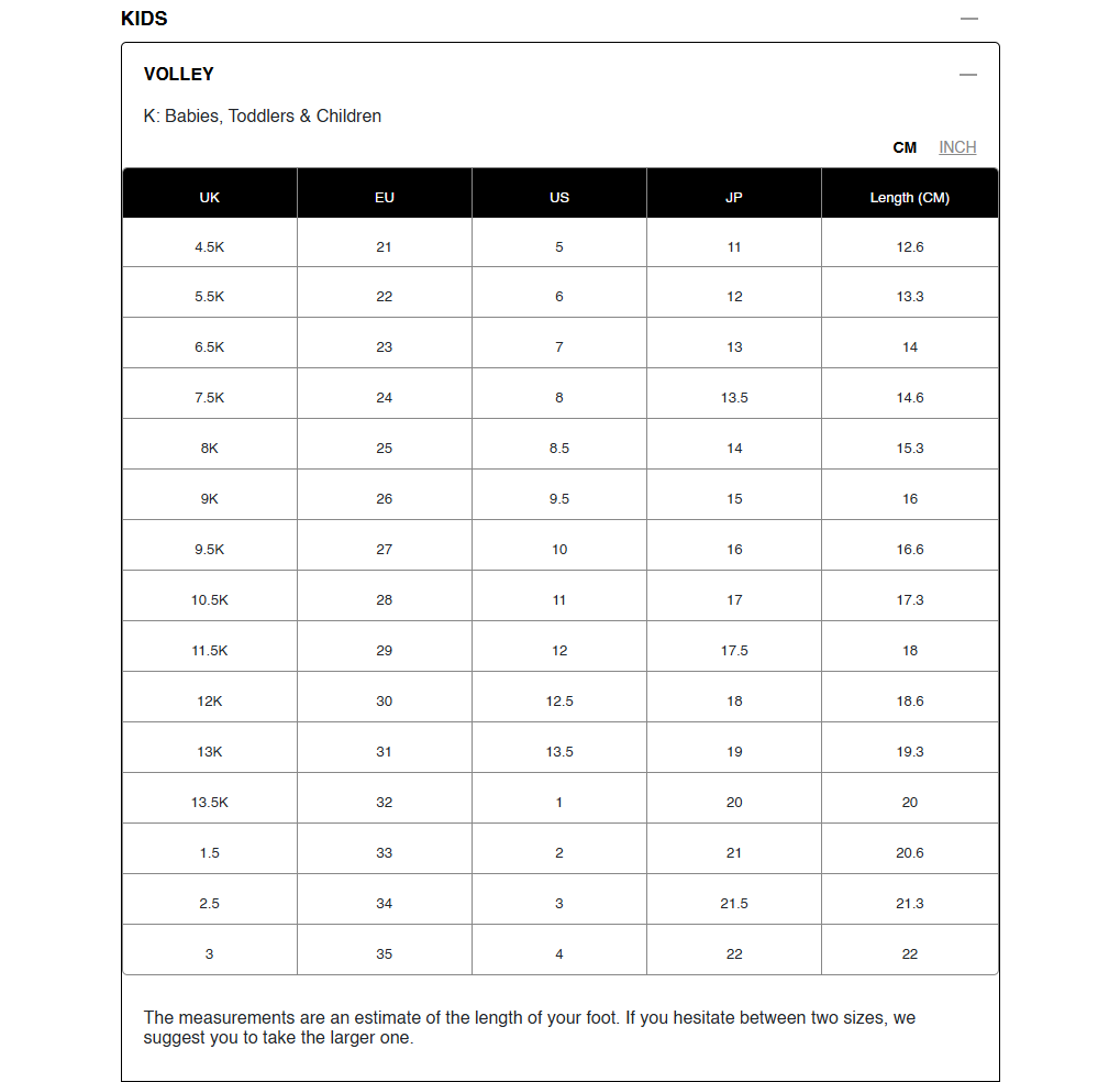 Measurement chart for veja volly kids' shoes in various sizes with corresponding foot length in centimeters.