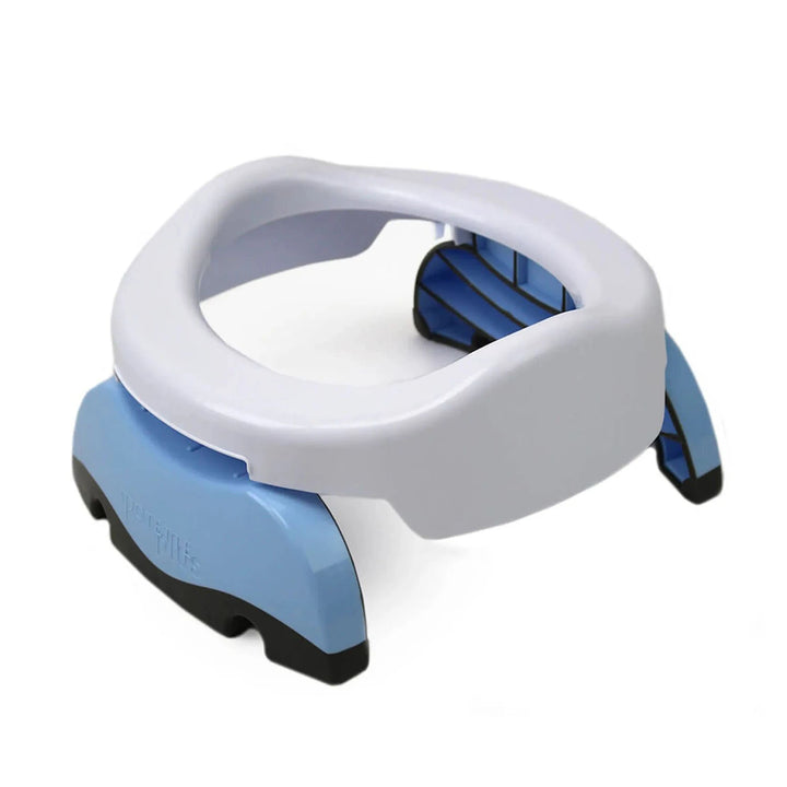 Potette Plus 2-in-1 Portable Potty & Toilet-Trainer Seat in white and blue, folded up for compact travel.
