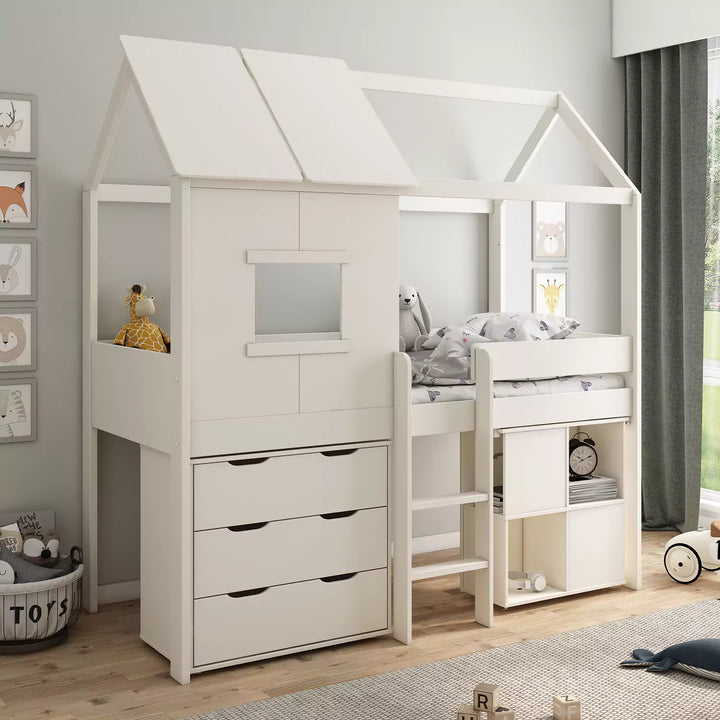 White colored Kids Avenue Midi Playhouse Mid Sleeper Bed with a desk and chest of drawers underneath.