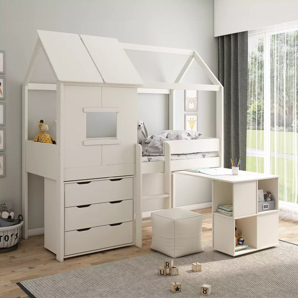 White Kids Avenue Midi Playhouse Mid Sleeper Bed with a child's bedroom setting, showing the playhouse design, pull-out desk, and chest of drawers