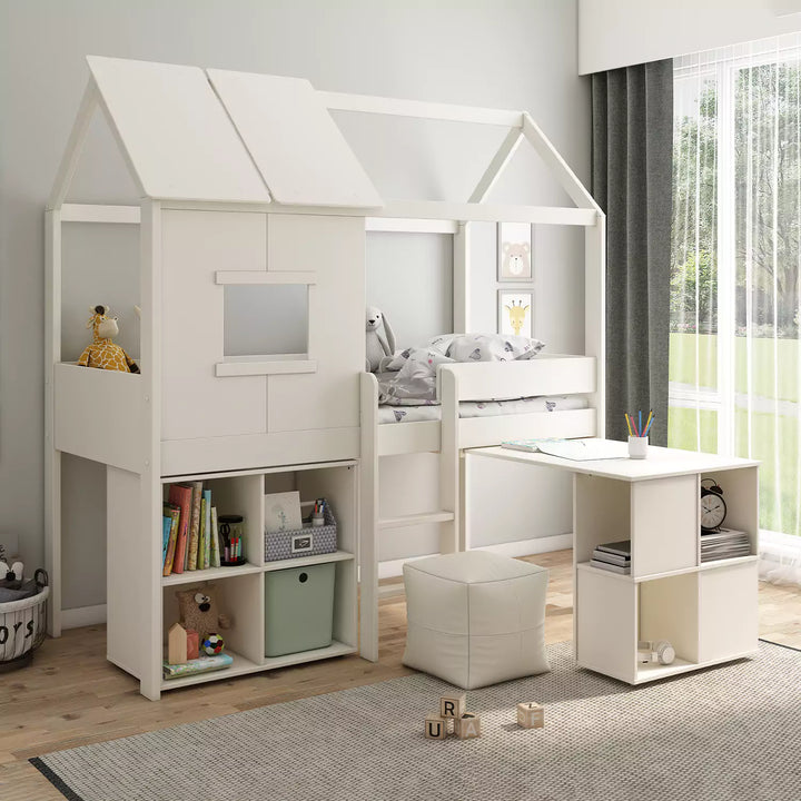 Children's White Playhouse Bed with Built-in Desk and Storage Box