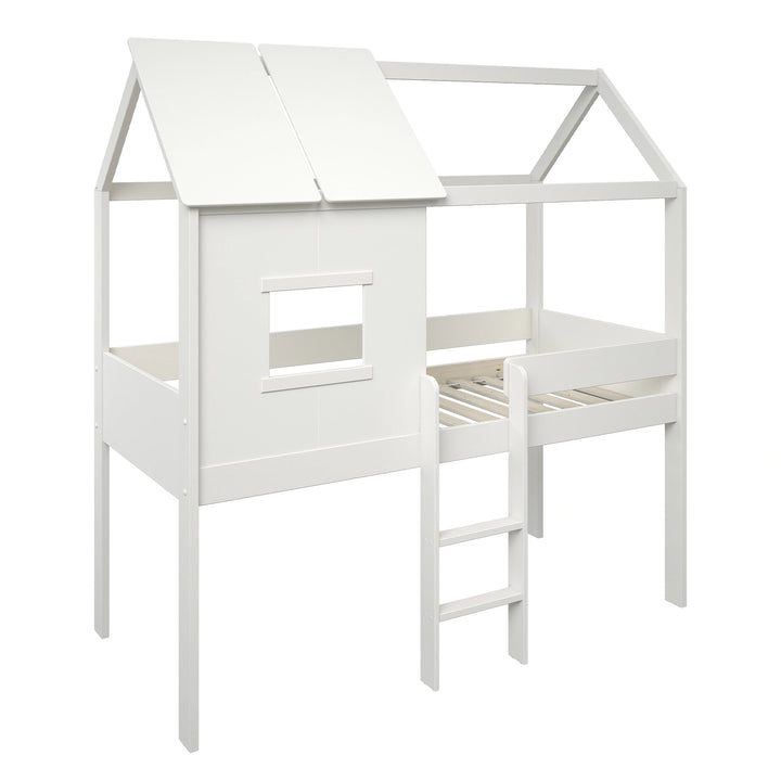 Children's White Playhouse Bed with Slatted Base for Comfortable Sleep