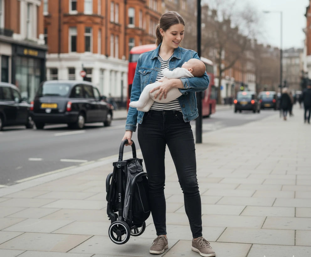 A woman on a city street holds her baby in one arm while easily carrying the compact, folded Allis Baby Flick Auto-Fold Stroller in the other.