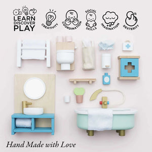 Freestanding Bath in Wooden Doll House Bathroom Set - A close-up of the elegant freestanding bath, part of the stylish and sustainable bathroom set crafted for imaginative play.