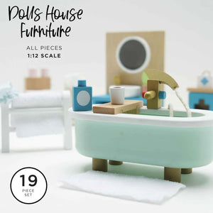  Featuring all the essential pieces for a dollhouse bathroom, this set is crafted from sustainable wood and designed for safe, imaginative play.