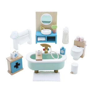 Modern Wooden Doll House Bathroom Set - This image showcases the beautifully designed freestanding bath, towel rail, toilet, and sink unit made from FSC®-certified wood, perfect for eco-conscious play.