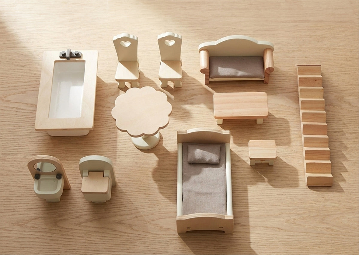 Hooga Wooden Dolls House with 11 Pcs. Furniture Set