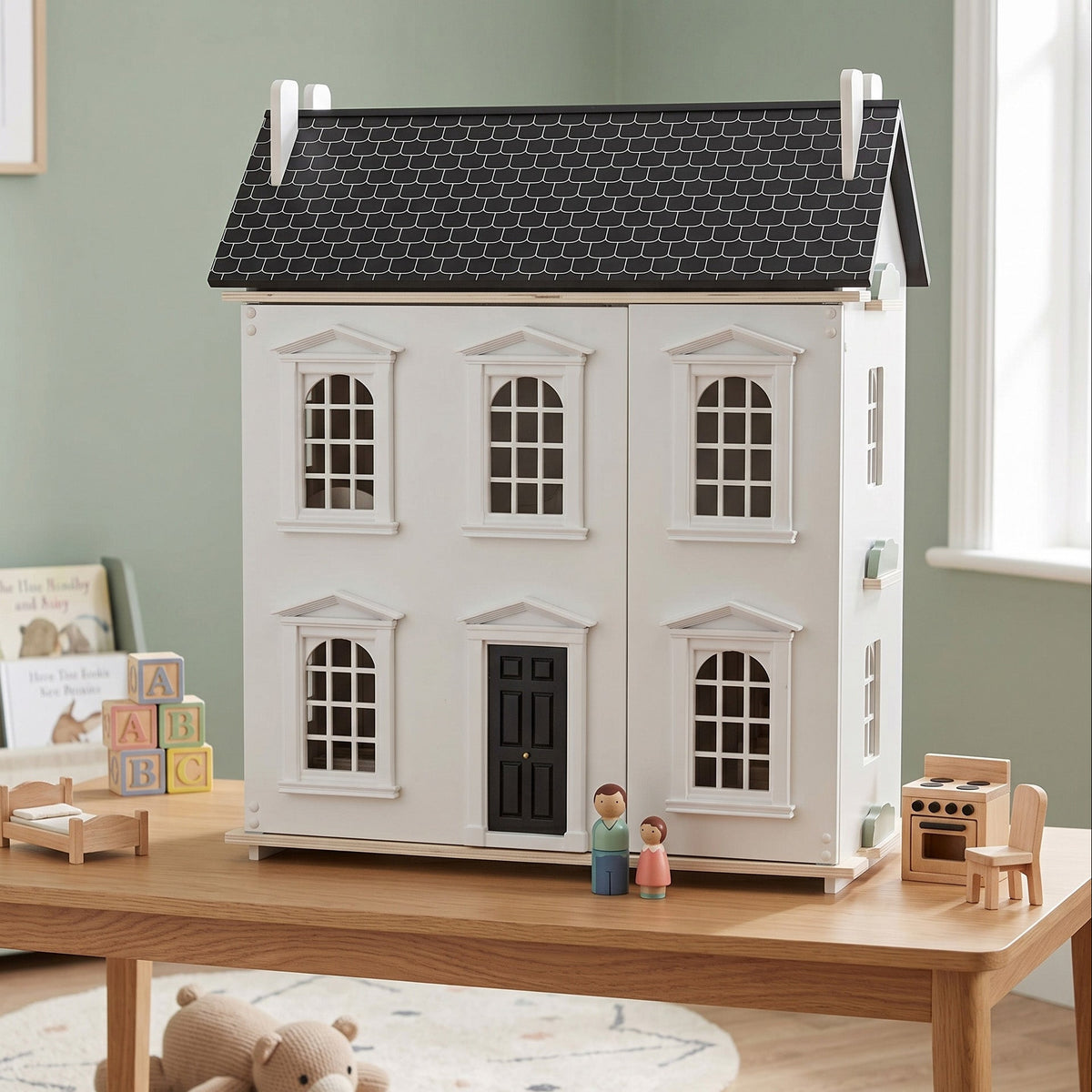 Hooga Wooden Dolls House with 11 Pcs. Furniture Set